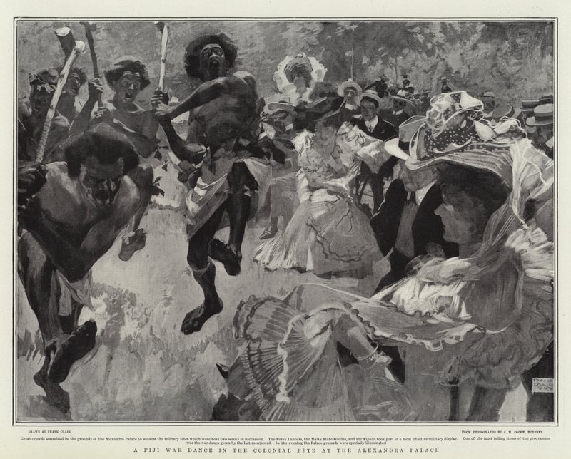 Een Fiji Oorlogsdans op het Koloniale Feest in het Alexandra Palace door Frank Craig