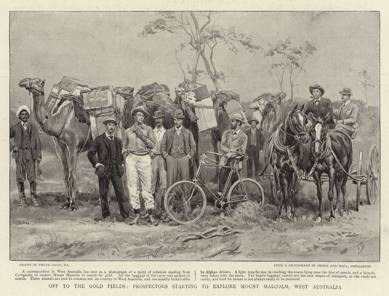 Op weg naar de goudvelden, prospectors beginnen Mount Malcolm te verkennen, West-Australië door Frank Dadd