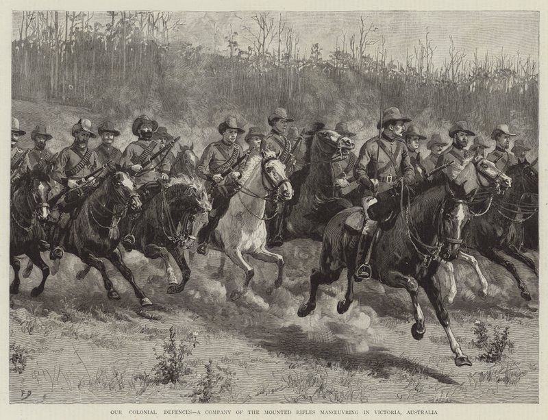 Onze Koloniale Verdediging, een Compagnie van de Bereden Geweer oefent in Victoria, Australië door Frank Dadd