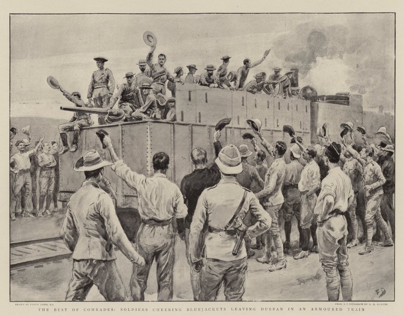 De Beste Kameraden, Soldaten juichen Bluejackets toe die Durban verlaten in een Gepantserde Trein door Frank Dadd