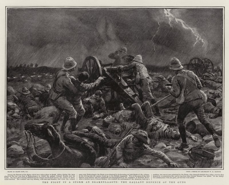 Het gevecht in een storm bij Brakenlaagte, de dappere verdediging van de kanonnen door Frank Dadd