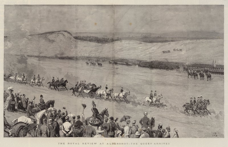 De Koninklijke Review in Aldershot, de Koningin arriveert door Frank Dadd