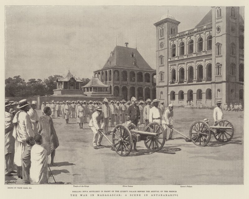 De oorlog in Madagaskar, een scène in Antananarivo door Frank Dadd
