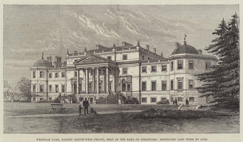 Wrotham Park, Barnet (zuidwestelijke voorkant), zetel van de graaf van Strafford, vorige week verwoest door brand door Frank Watkins