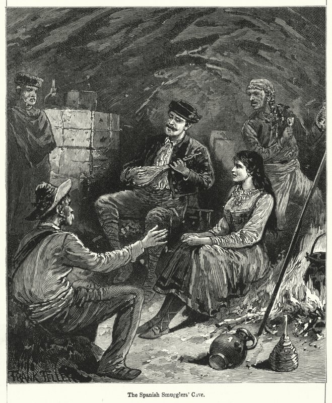 De grot van de Spaanse smokkelaars (gravure) door Frank (after) Feller