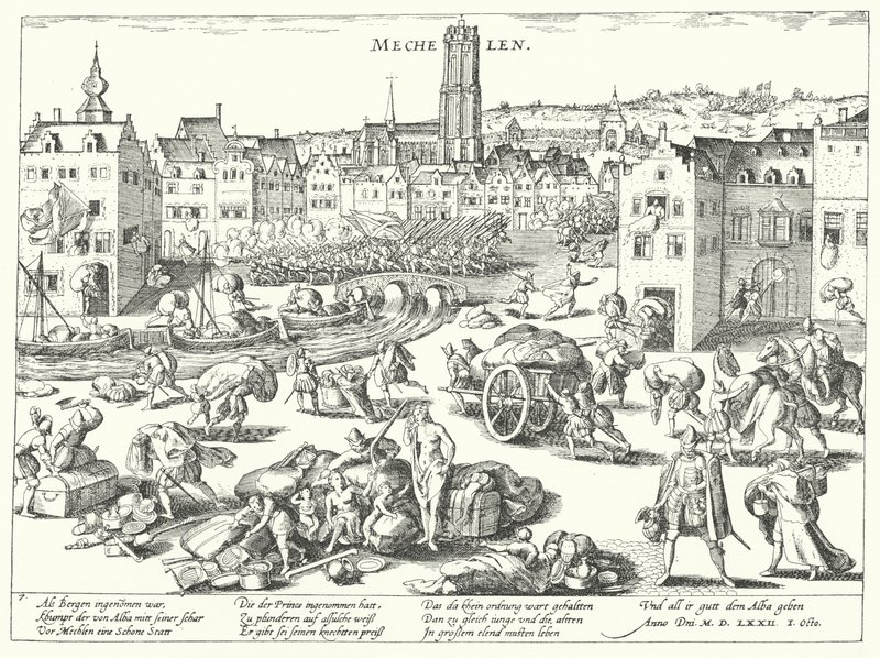 Plundering van Mechelen door de Spanjaarden door Franz (after) Hogenberg