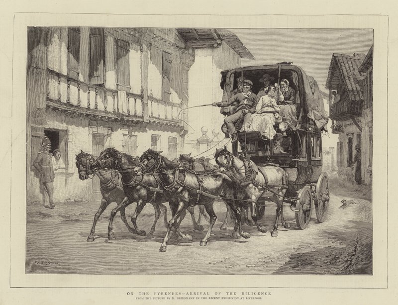 In de Pyreneeën, aankomst van de diligence door Frederick Arthur Bridgman