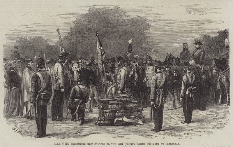 Lady Airey presenteert Nieuwe Kleuren aan het 86e (County Down) Regiment in Gibraltar door Frederick John Skill