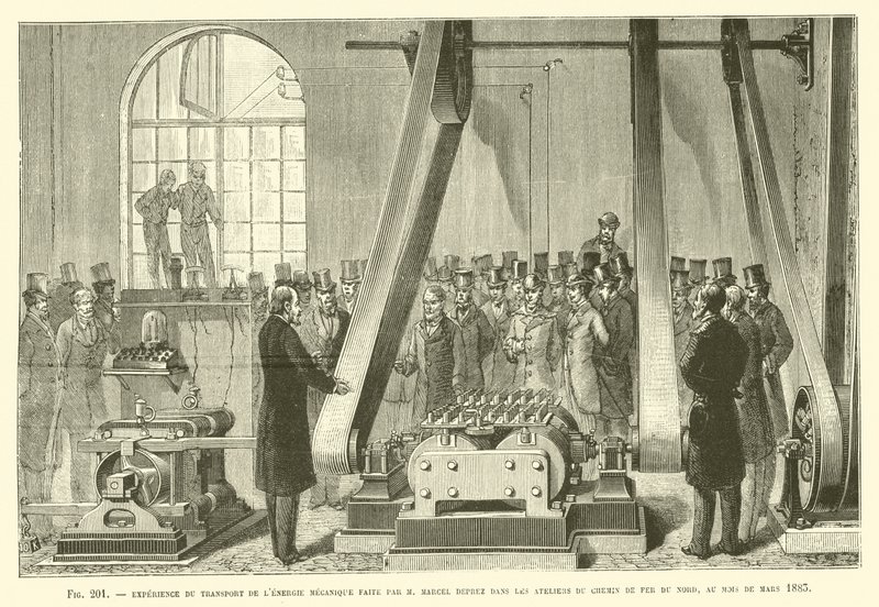 Experiment van mechanische energieoverdracht door M. Marcel Deprez in de werkplaatsen door French School
