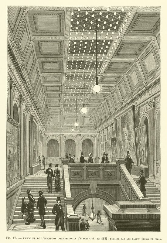 De trap van de Internationale Elektriciteitstentoonstelling in 1881, verlicht door Edison- en Swan-lampen door French School