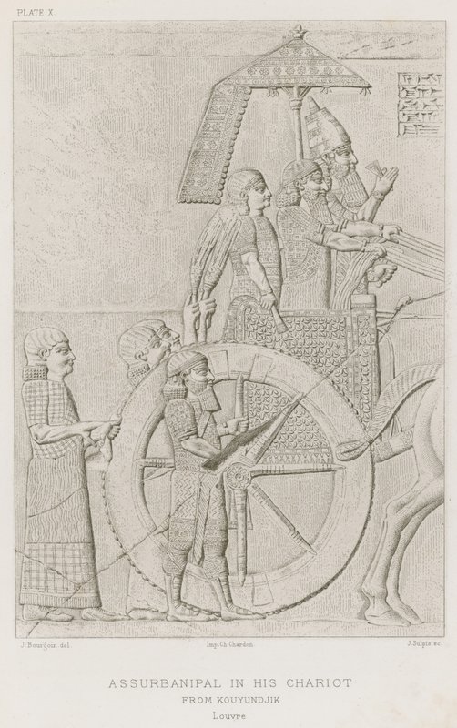 Assurbanipal in zijn wagen, van Kouyundjik, Louvre door French School