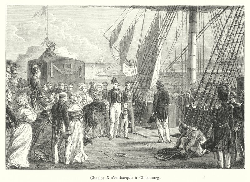 Karel X scheept in te Cherbourg (gravure) door French School