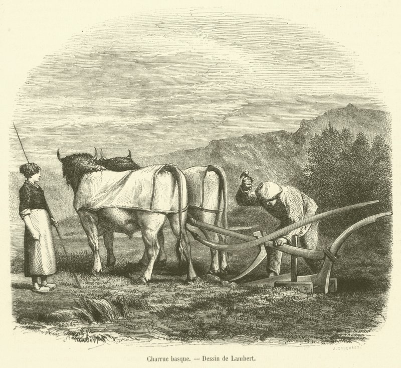 Baskische ploeg (gravure) door French School