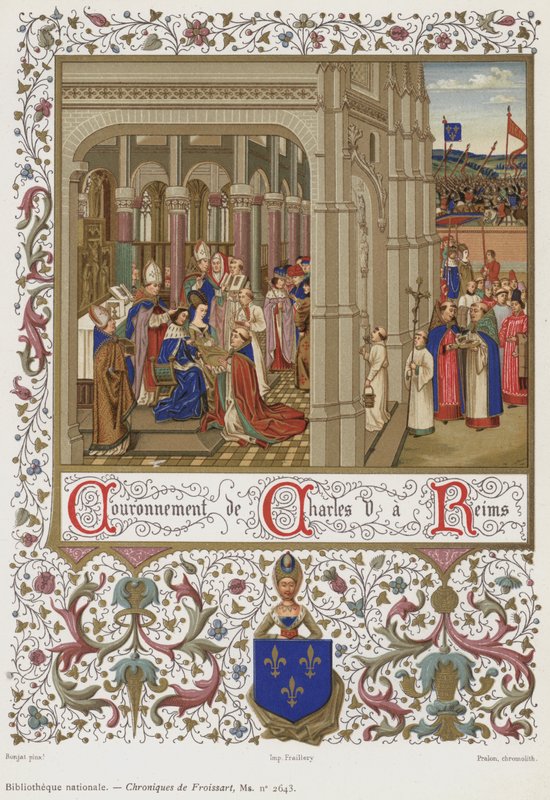Kroning van Karel V in Reims (chromolitho) door French School
