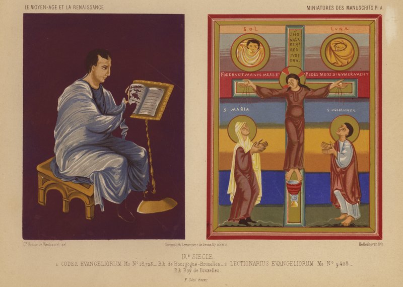 Miniaturen uit 9e-eeuwse verluchte manuscripten (chromolitho) door French School