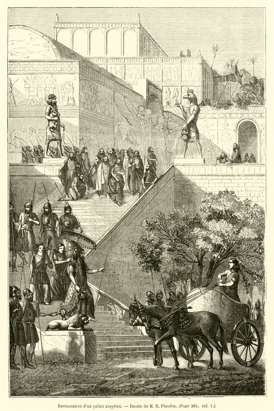 Restauratie van een Assyrisch paleis (gravure) door French School