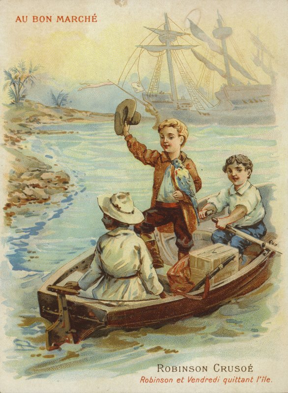 Robinson Crusoe in roeiboot door French School