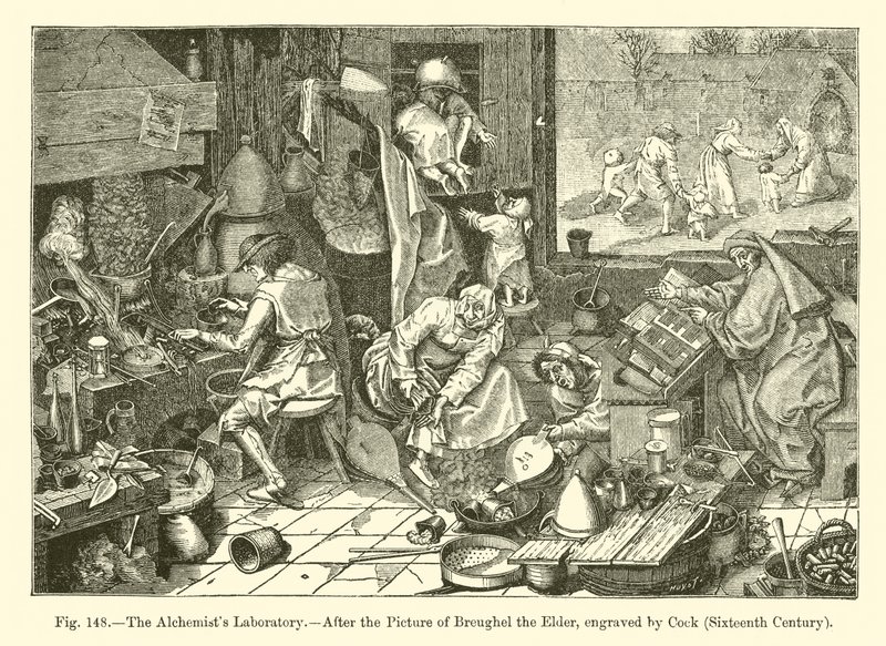 Het laboratorium van de alchemist door French School