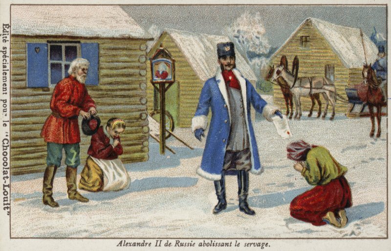 Tsaar Alexander II van Rusland schaft de lijfeigenschap af door French School