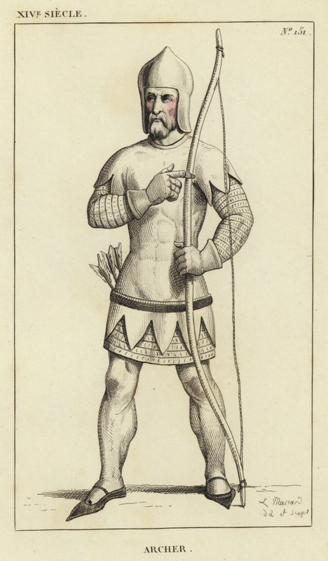 XIV Eeuw, Boogschutter (gekleurde gravure) door French School