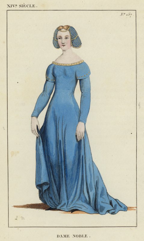 XIV Eeuw, Adellijke Dame (gekleurde gravure) door French School