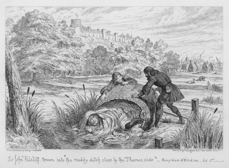 Sir John Falstaff in de modderige sloot bij de Theems gegooid door George Cruikshank