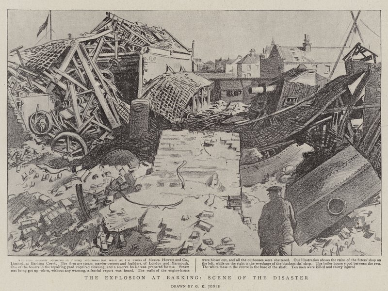 De Explosie in Barking, Scene van de Ramp door George Kingston Jones