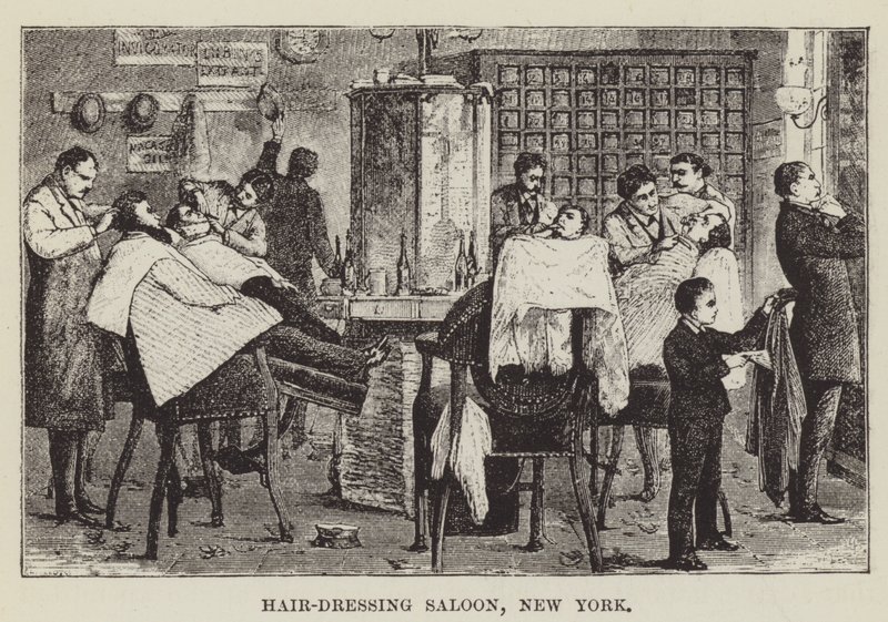 Kapsalon, New York door George Augustus Sala