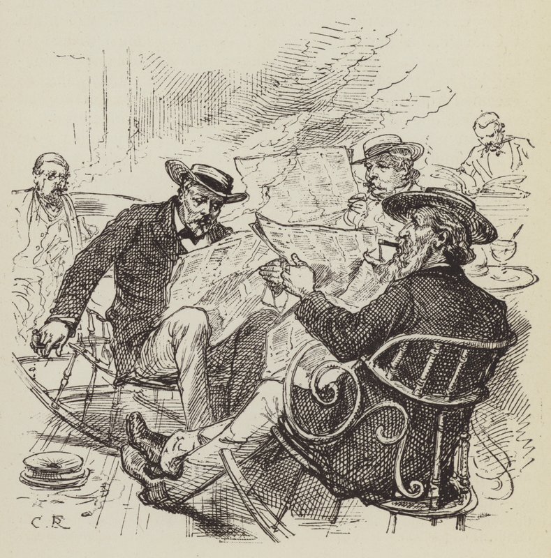 Kranten lezen, schommelstoelen door George Augustus Sala