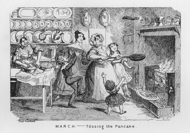 Maart, pannenkoeken gooien door George Cruikshank