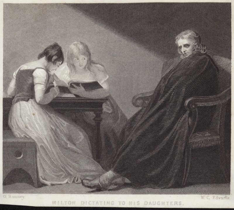 John Milton dicteert aan zijn dochters door George Romney