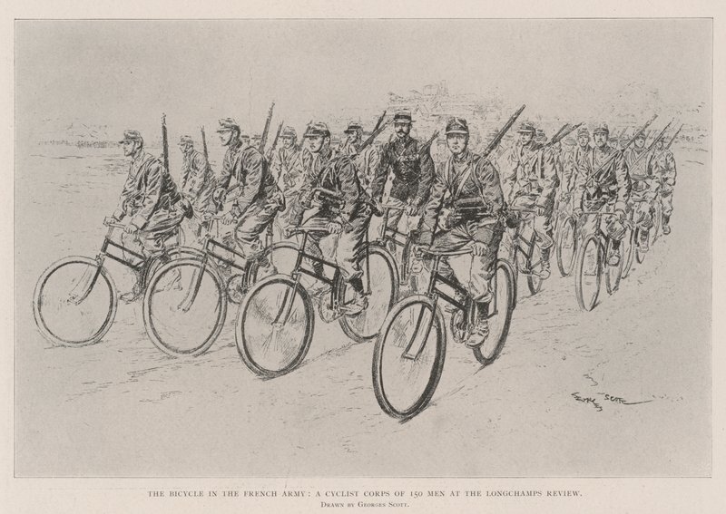 De Fiets in het Franse Leger, een Fietskorps van 150 Mannen bij de Longchamps Review door Georges Bertin Scott