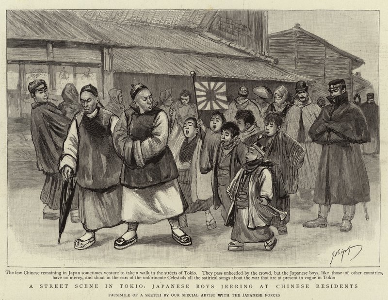 Een straattafereel in Tokio, Japanse jongens plagen Chinese bewoners door Georges Ferdinand Bigot