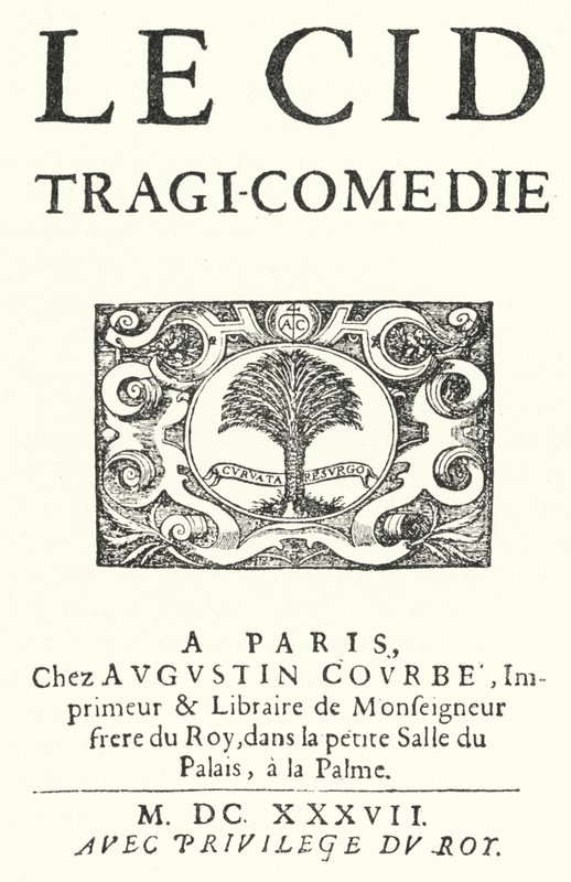 Titelpagina van de eerste editie van Le Cid door de Franse toneelschrijver Pierre Corneille, gepubliceerd in 1637 door German School