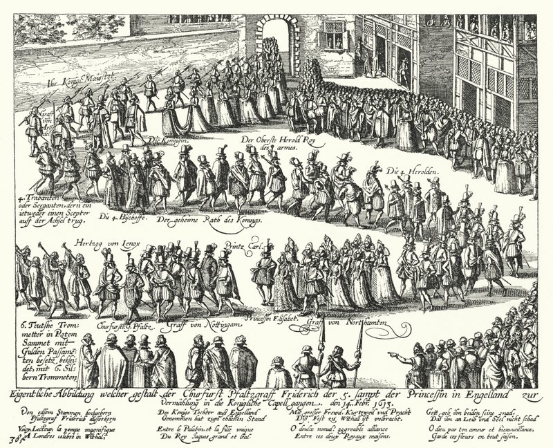 Huwelijksstoet van Frederik V, keurvorst van de Palts, en Elizabeth Stuart, dochter van koning James I van Engeland, Londen door German School
