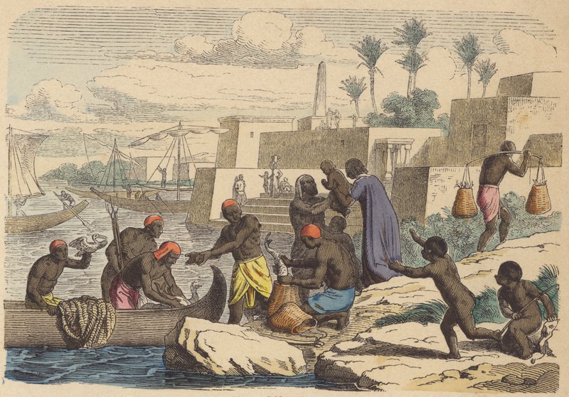 Oude Egyptische vissers (gekleurde gravure) door German School