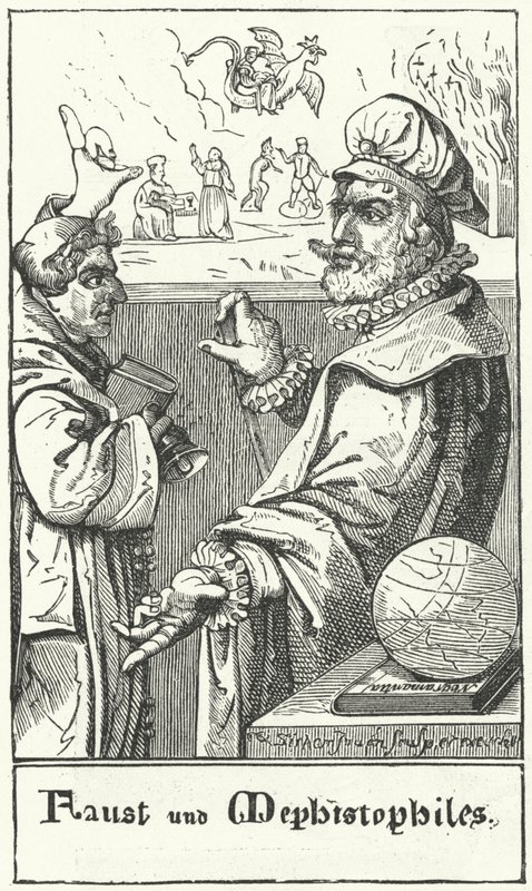 Faust en Mephistopheles (gravure) door German School