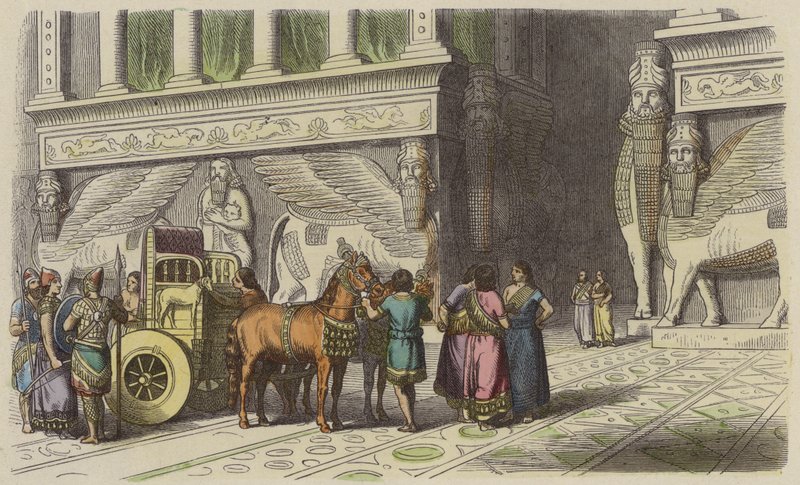 Poort naar een Assyrisch paleis (gekleurde gravure) door German School