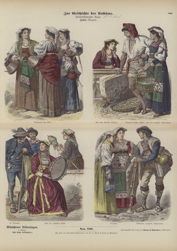 Italiaanse kostuums, eind 19e eeuw (gekleurde gravure) door German School