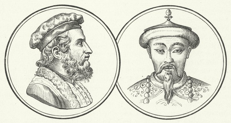 Marco Polo en Kublai Khan (gravure) door German School