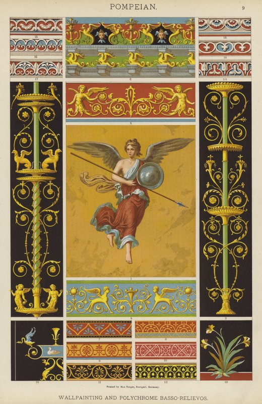 Pompeiaans, muurschildering en polychrome bas-reliëfs door German School