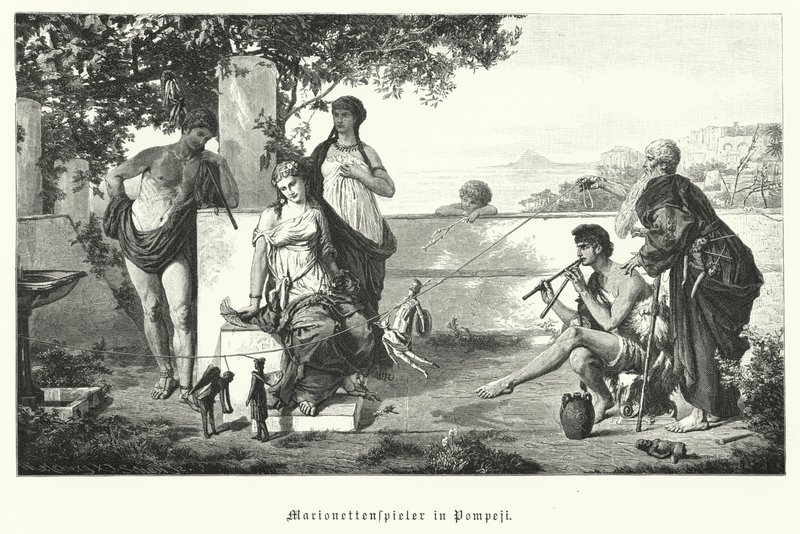 Romeinse poppenspelers in Pompeii door German School