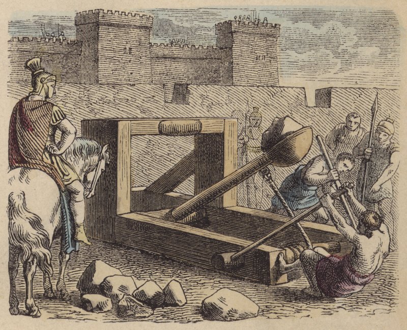 Romeinse belegeringskatapult (gekleurde gravure) door German School