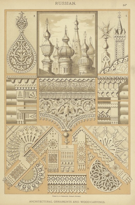Russisch, Architecturale Ornamenten en Houtsnijwerk door German School