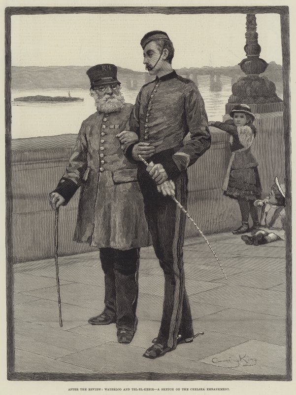 Na de recensie, Waterloo en Tel-el-Kebir, een schets op de Chelsea Embankment door Gunning King