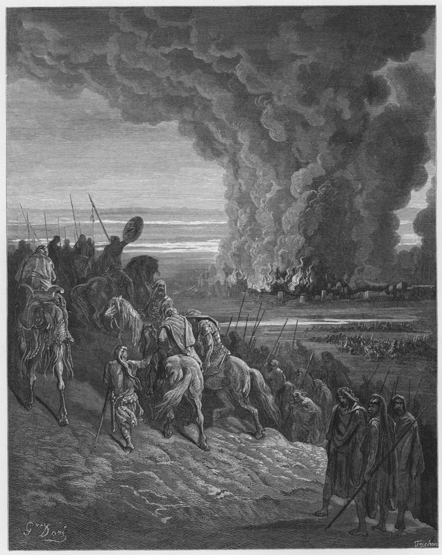 Jozua steekt de stad Ai in brand door Gustave Dore