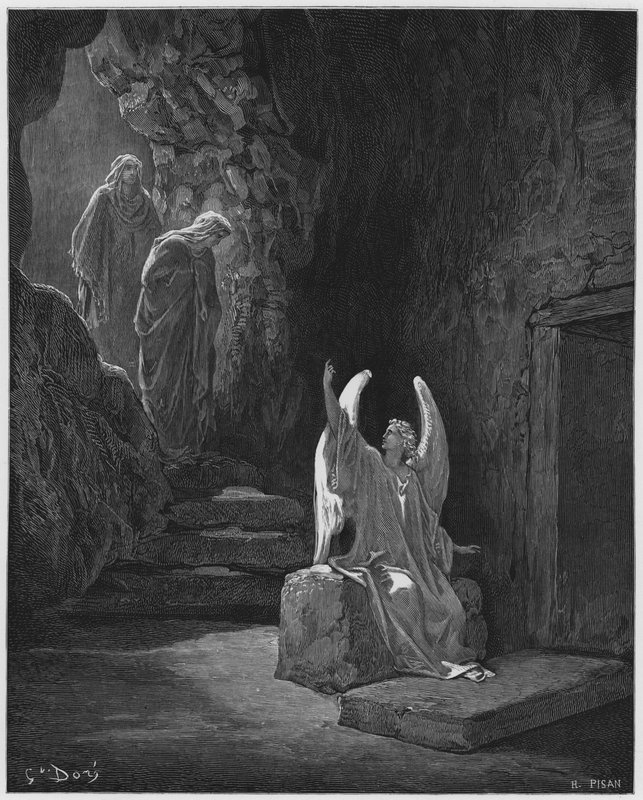 De engel bij de deur van het graf door Gustave Dore