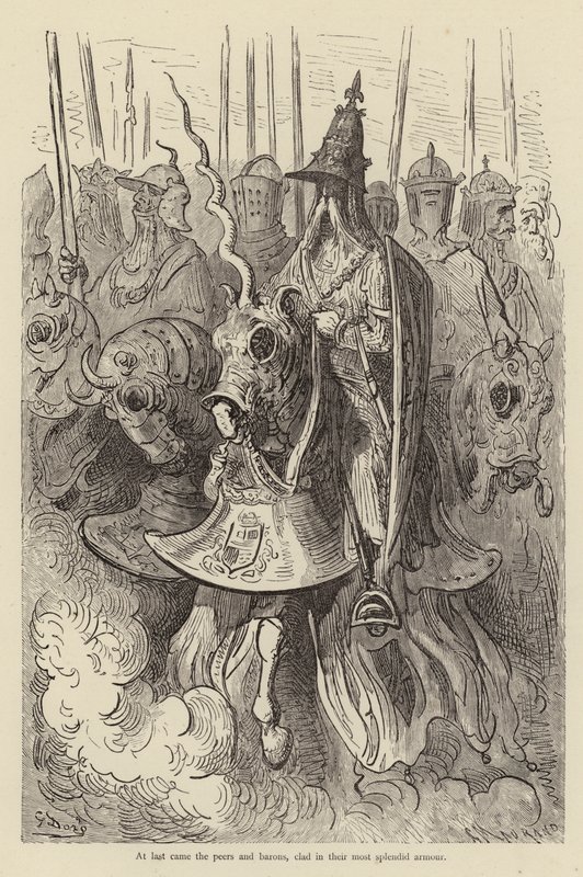 Eindelijk kwamen de edelen en baronnen, gekleed in hun meest schitterende harnas door Gustave after Dore