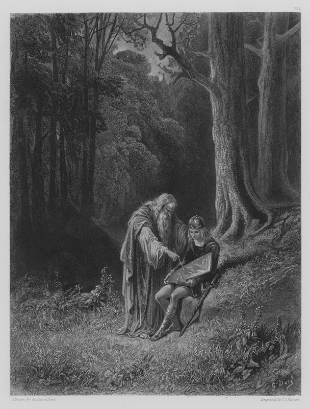 Merlin schildert het schild van de jonge ridder door Gustave after Dore