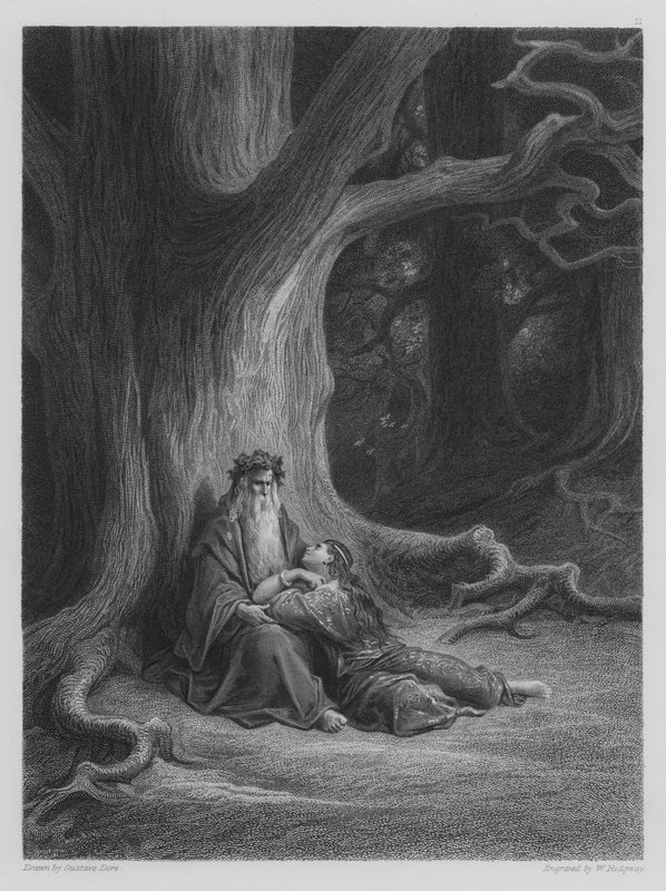 Vivien en Merlin rusten uit door Gustave after Dore